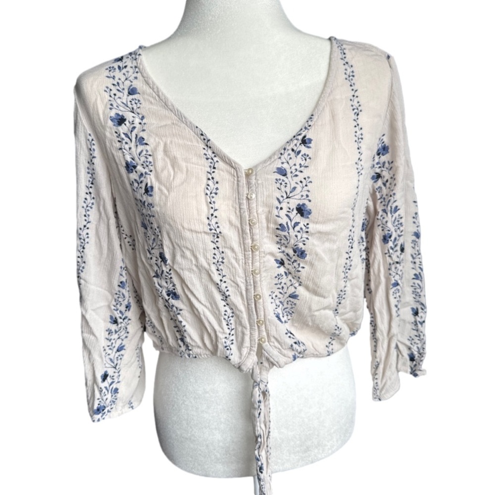 Large White Blouse‎ With Blue Floral Designs Sheer Pattern